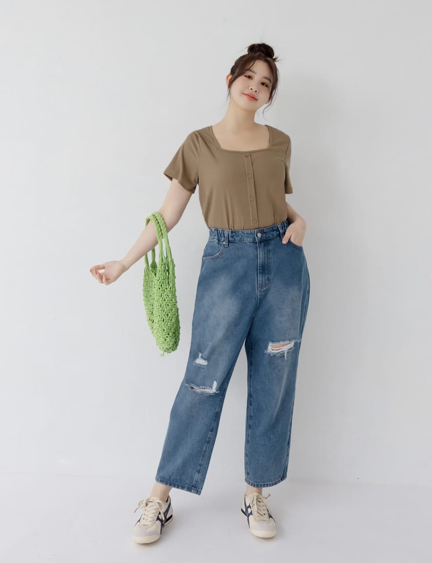 Distressed Side Elastic Waist Plus Size Boyfriend Jeans