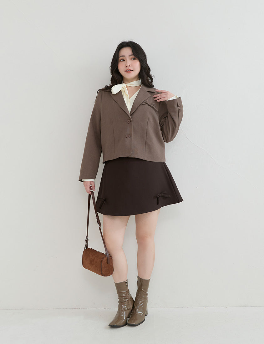 Korean Style Bow-Detail Elastic Back Waist Tailored Plus Size Mini Skirt
