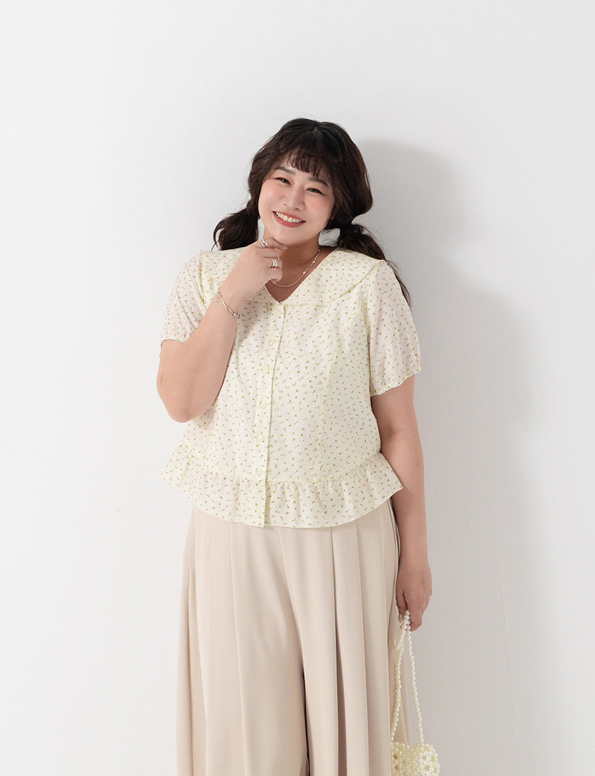Fresh Floral Collared Cinched Waist Plus Size Blouse