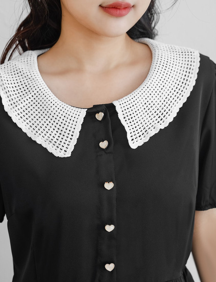 Lace Large-Collar Puff Sleeve Plus Size Mini Dress