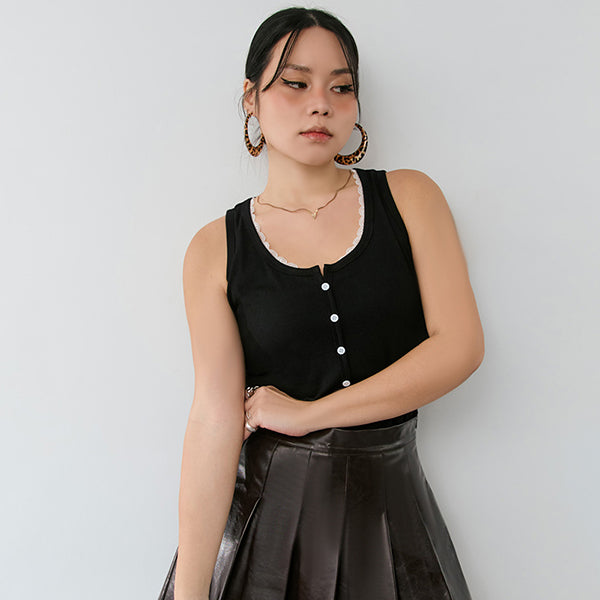 MUA! Faux Button Lace Panel Plus Size Ribbed Vest