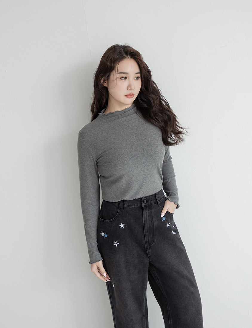 Ribbed Lettuce Trim Mock Neck Plus Size Top