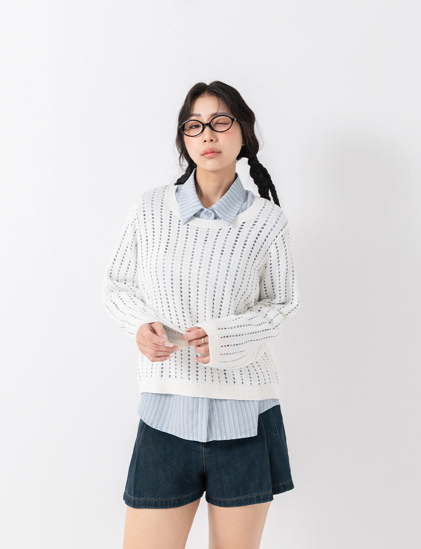 Crew Neck Openwork Ribbed Knit Long Sleeve Plus Size Top