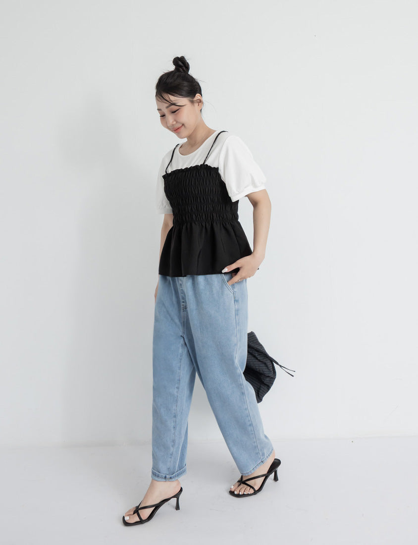 Sweet Crinkle Faux Two-Piece Short Sleeve Plus Size Top