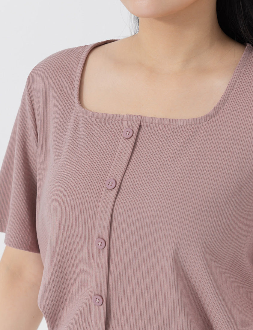 Tencel Ribbed Faux Button Square Neck Plus Size Top
