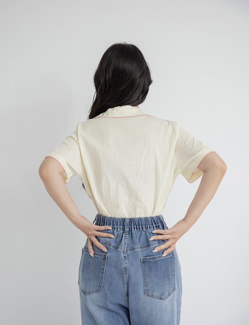 Cute Jacquard Contrast Cuban Collar Plus Size Shirt