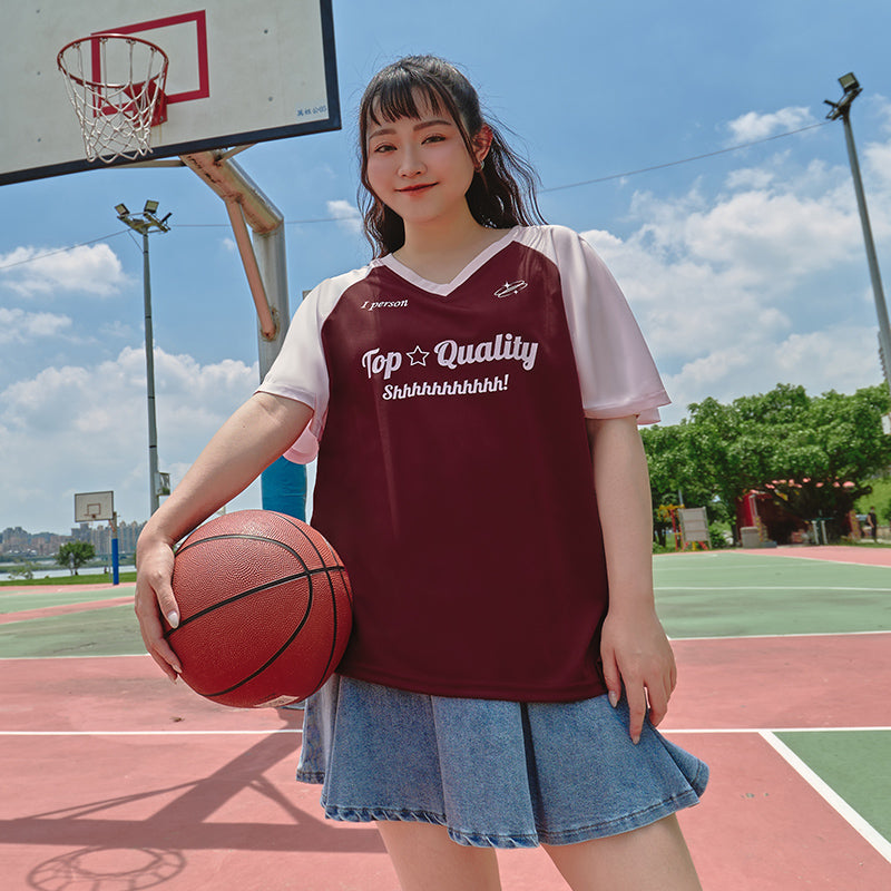 American Style Contrast V-Neck Oversized Jersey Plus Size Tee