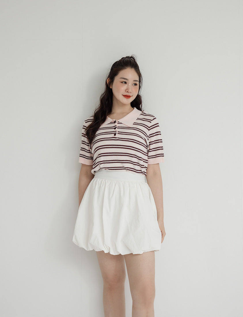 Collared Striped Knit Short Sleeve Plus Size Top