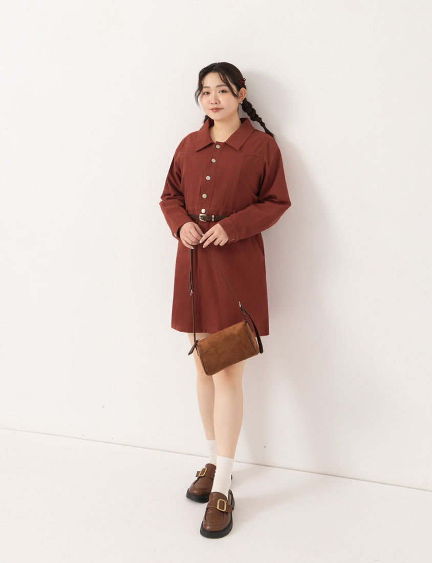Twill Colorblock Topstitched Button-Up Plus Size Mini Dress (With Belt)
