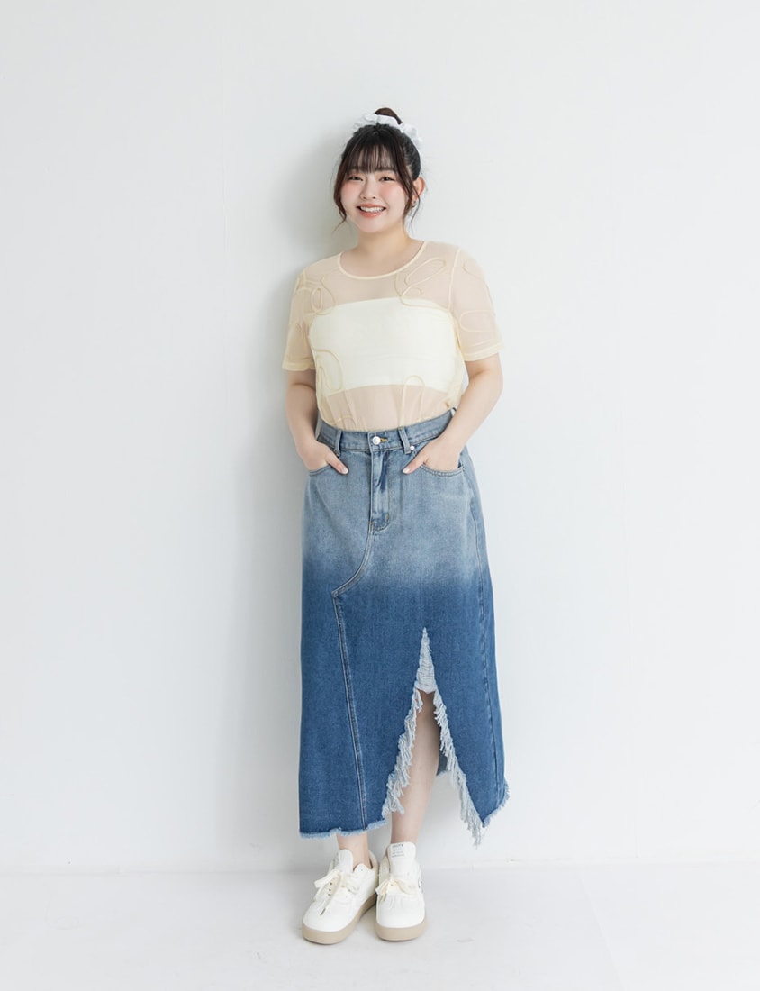 Japanese Style Wavy Line Sheer Textured Plus Size Top