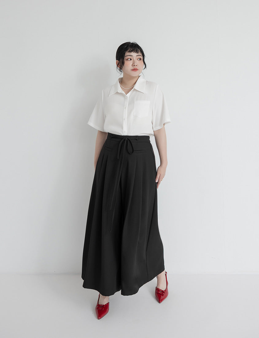 MISS. Pleated Cropped Plus Size Wide Leg Pants (With Waist Tie)