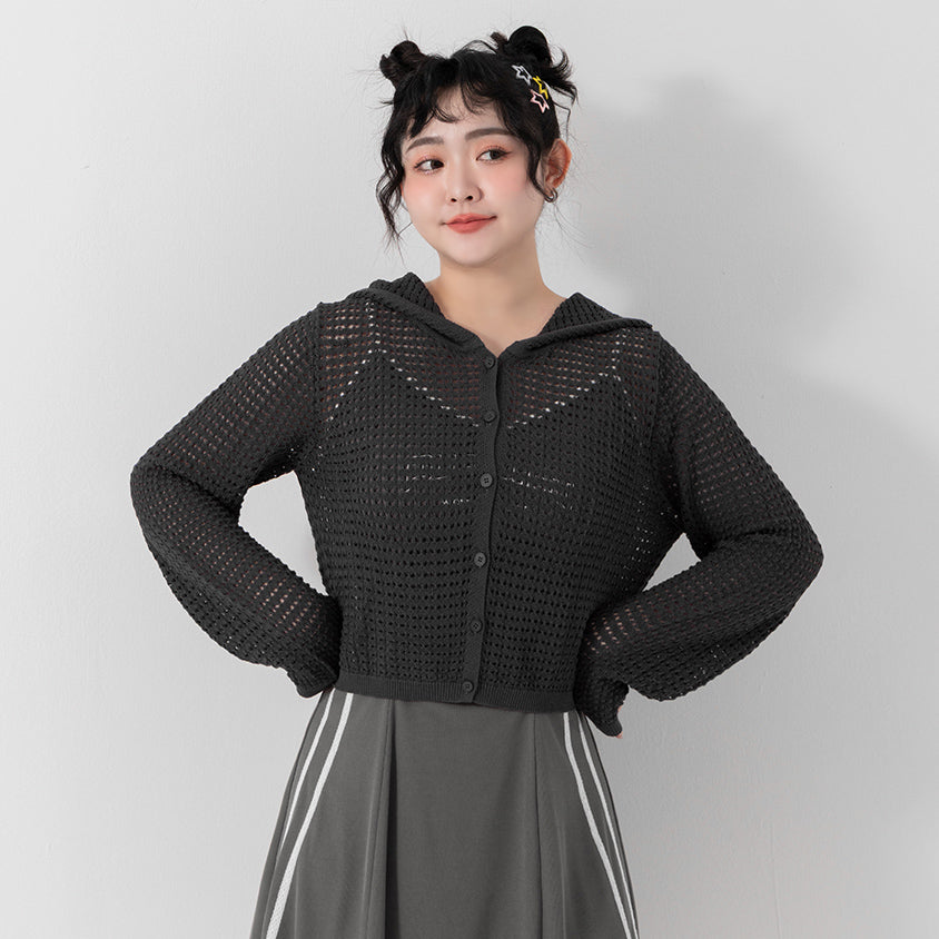 Ice Silk Button-Up Hooded Plus Size Knit Cardigan