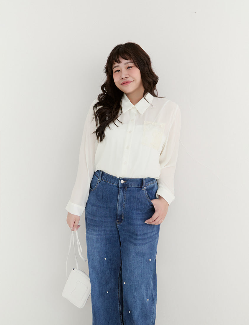 Elegant Lace Patchwork Semi-Sheer Chiffon Plus Size Shirt
