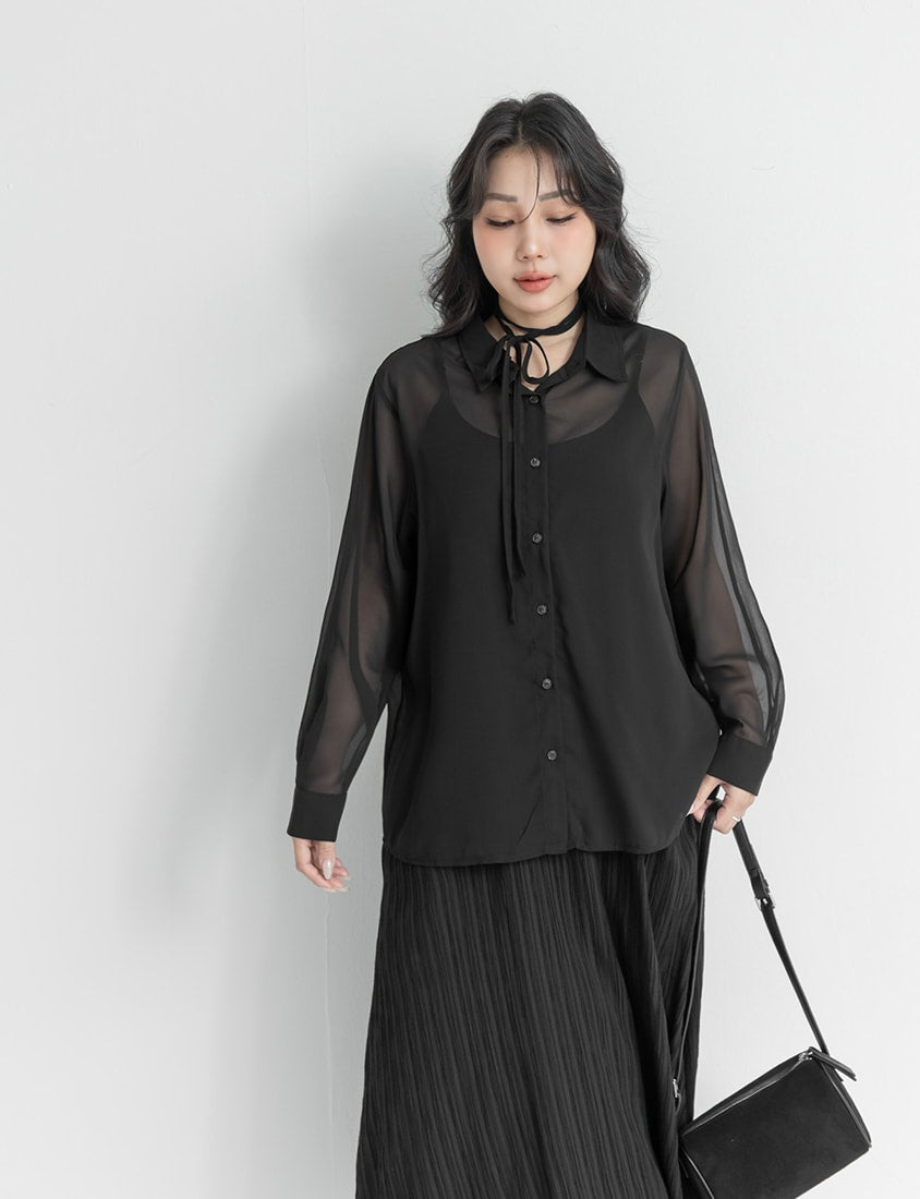 Sheer Shirt With Strap Dress Plus Size Set (With Waist Tie)