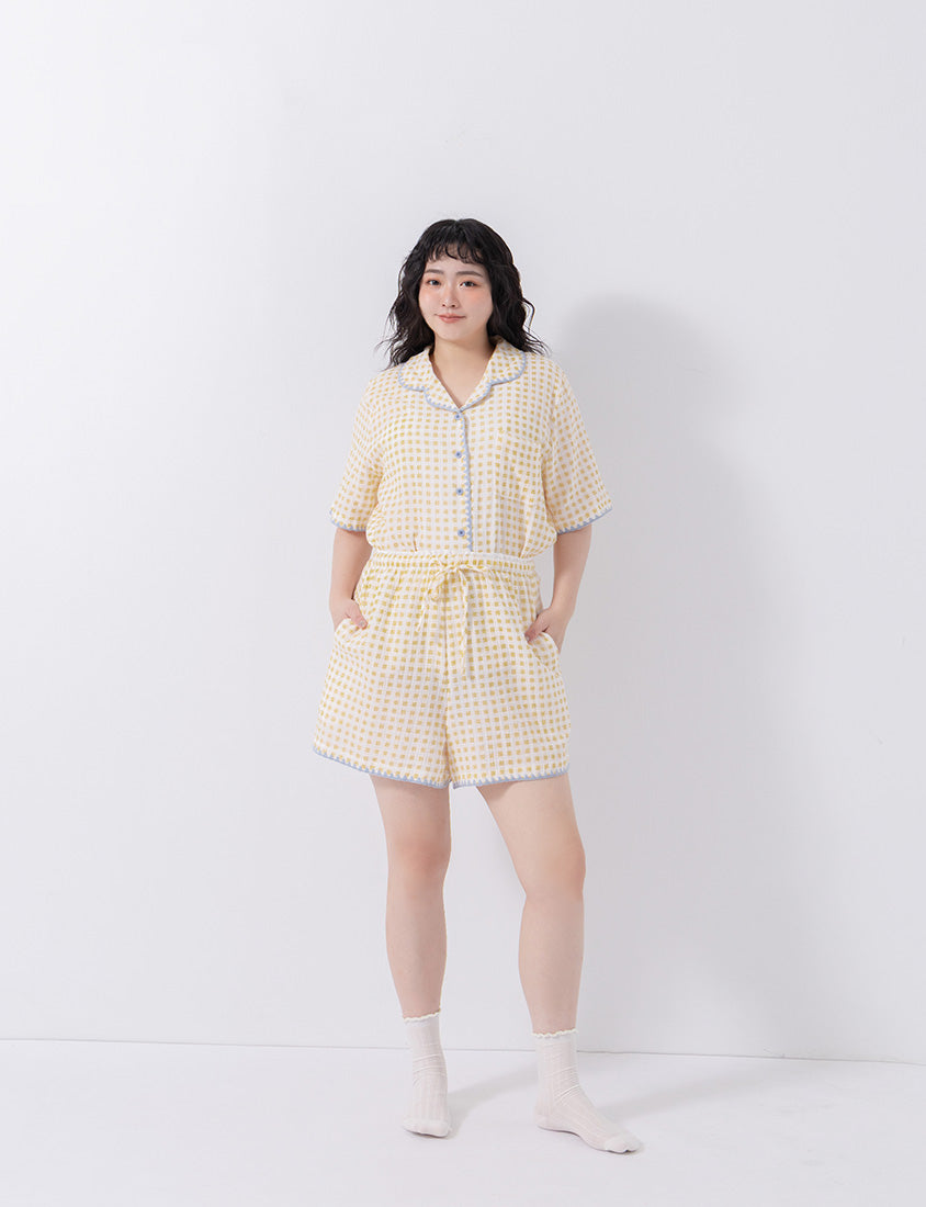Skin-Friendly Gingham Contrast Frill Casual Plus Size Shirt