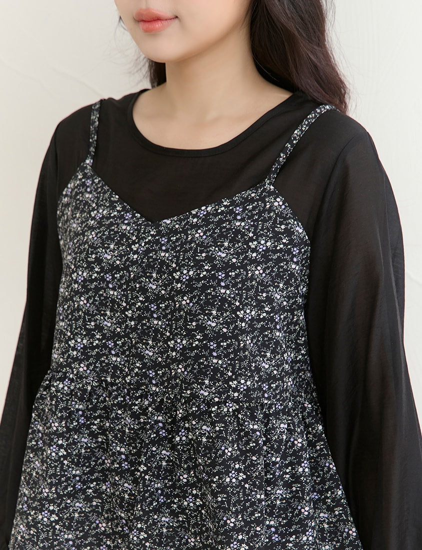 Floral Faux Two Piece Sheer Plus Size Long Sleeve Top