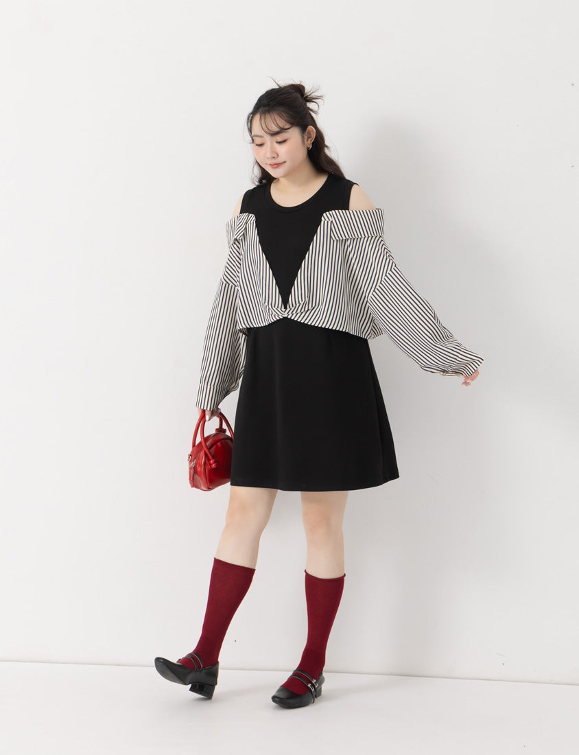 Faux Two Piece Cloud Cotton Contrast Stripe Plus Size Dress