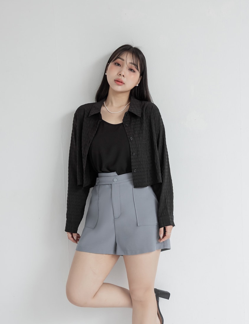 MISS. Sheer Plaid Cropped Plus Size Long Sleeve Shirt
