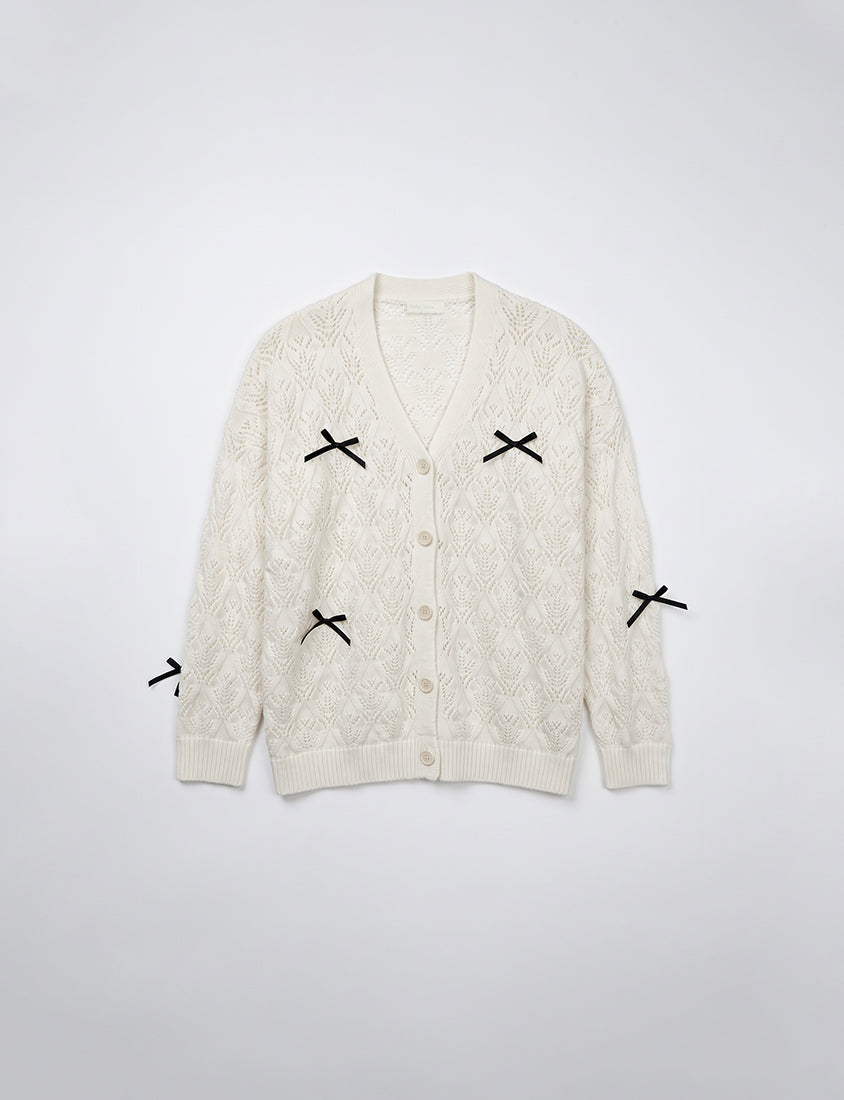 Sweet Bow-Detail Openwork Knit Plus Size Cardigan