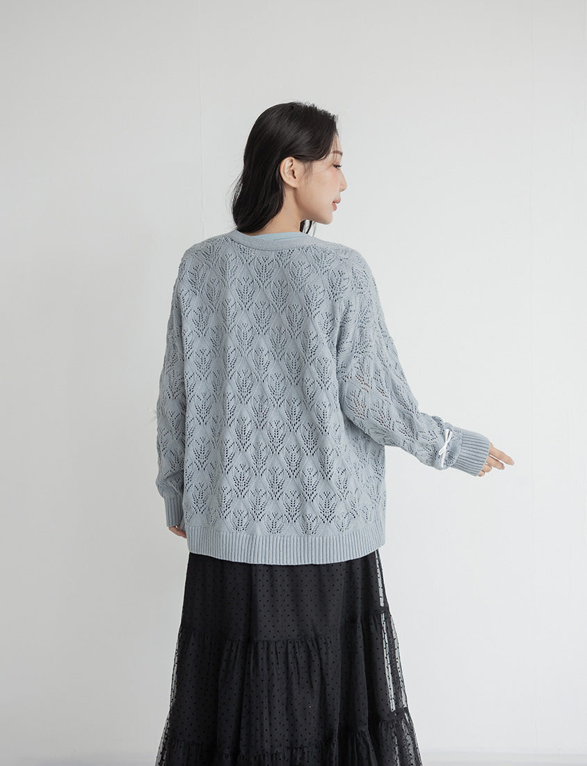 Sweet Bow-Detail Openwork Knit Plus Size Cardigan