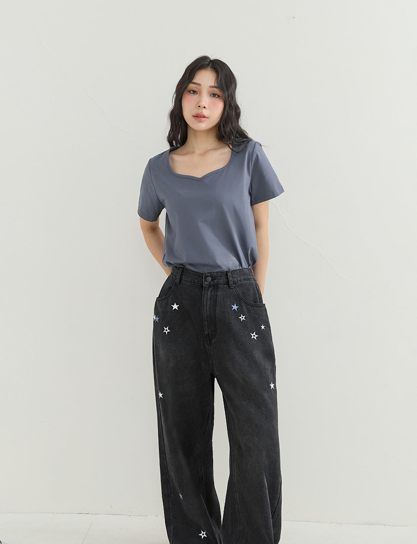 Star Embroidered Denim Plus Size Wide Leg Jeans