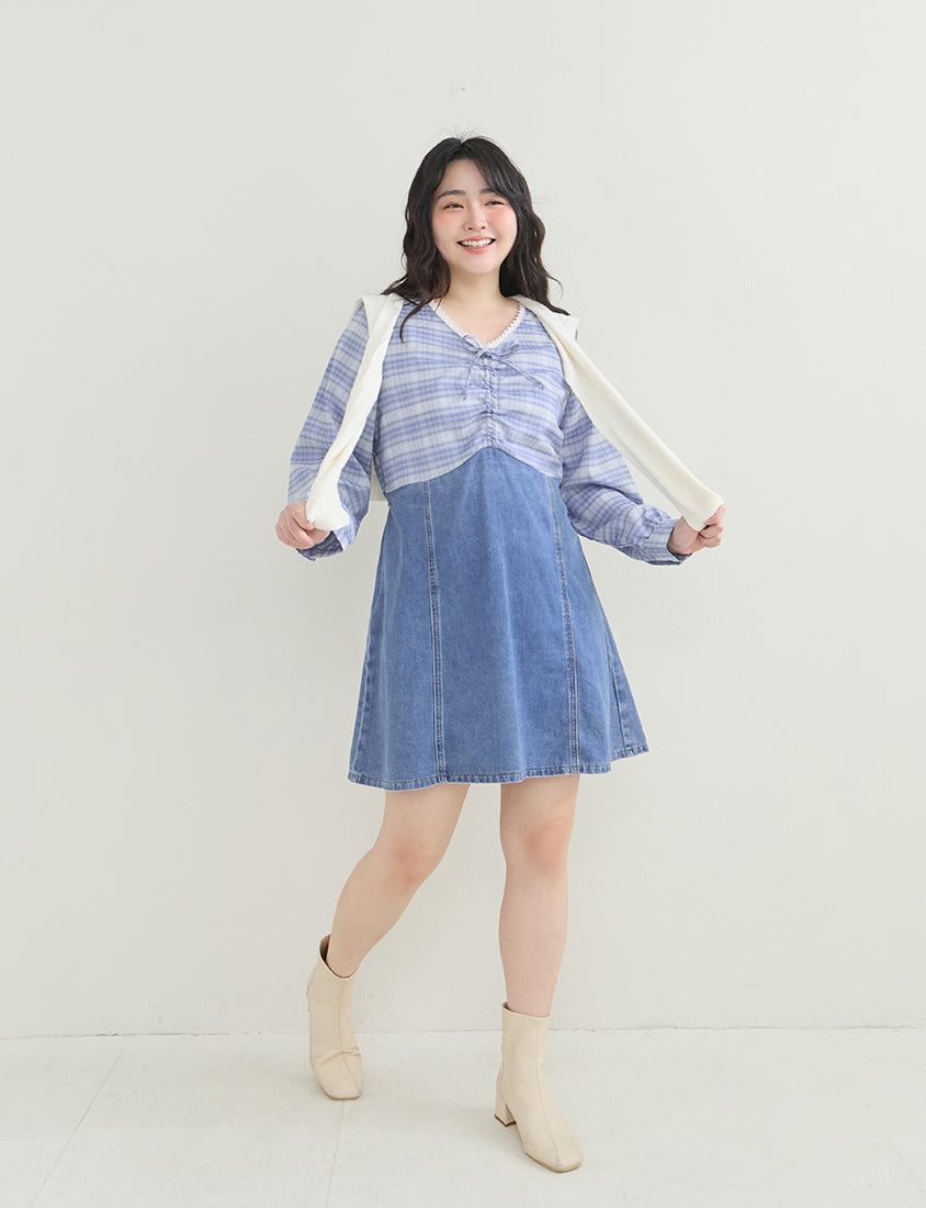 Vintage Plaid Faux Two-Piece Denim Plus Size Mini Dress