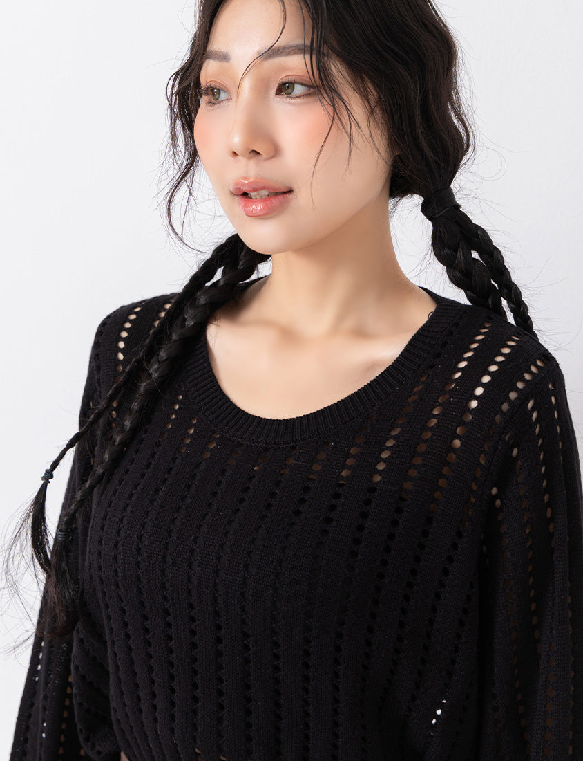 Crew Neck Openwork Ribbed Knit Long Sleeve Plus Size Top