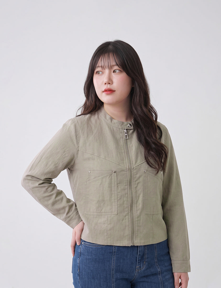 MUA! Lyocell Linen Contrast Stitch Plus Size Moto Jacket
