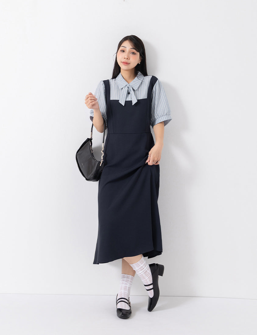 MISS. Elegant Faux Two-Piece Panel Stripe Plus Size Maxi Dress