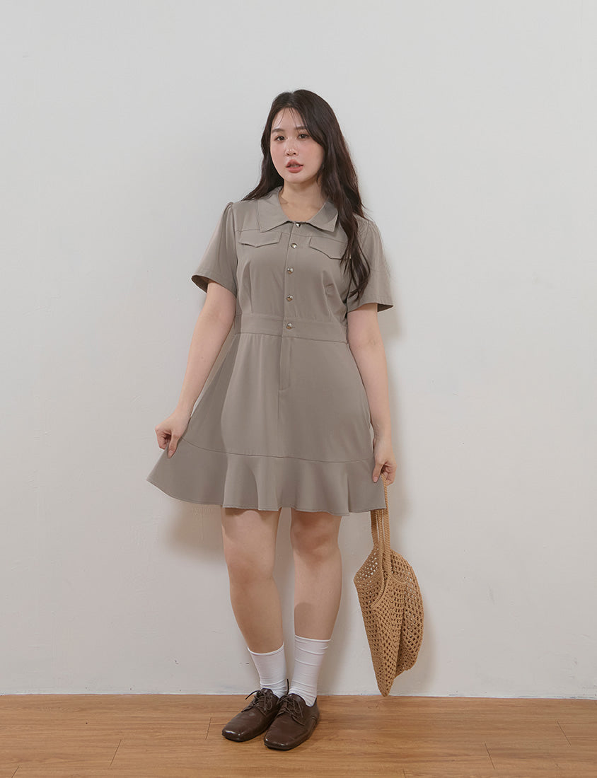 Elegant Heart Button Collar Plus Size Mini Dress
