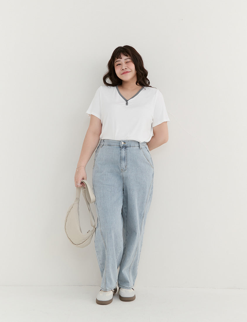 Simple V-Neck Contrast Ribbed Plus Size Tee