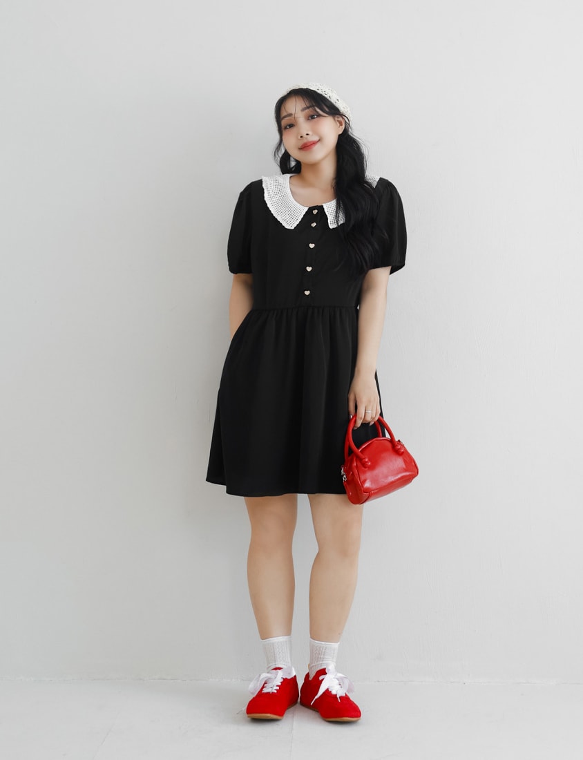 Lace Large-Collar Puff Sleeve Plus Size Mini Dress