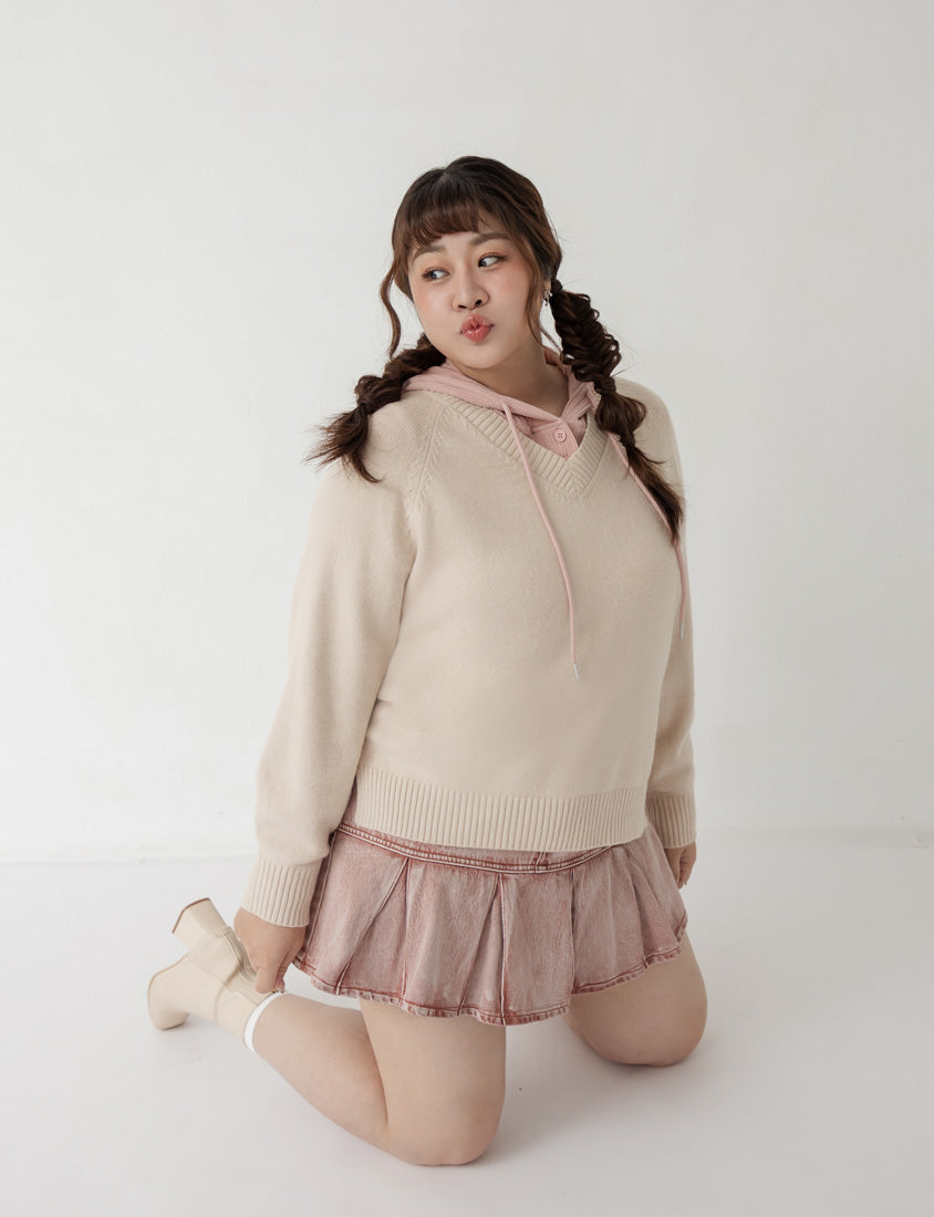 Soft Stretch Warm Multicolor V-Neck Plus Size Long Sleeve Knit Top