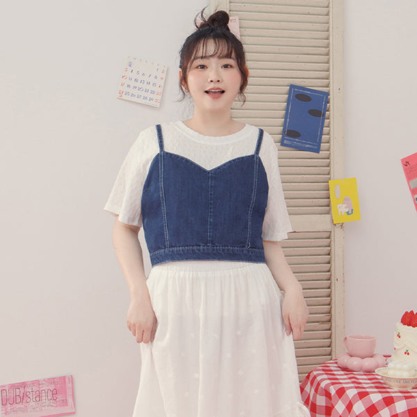 Sweetheart Neck Cross Tie Plus Size Denim Vest