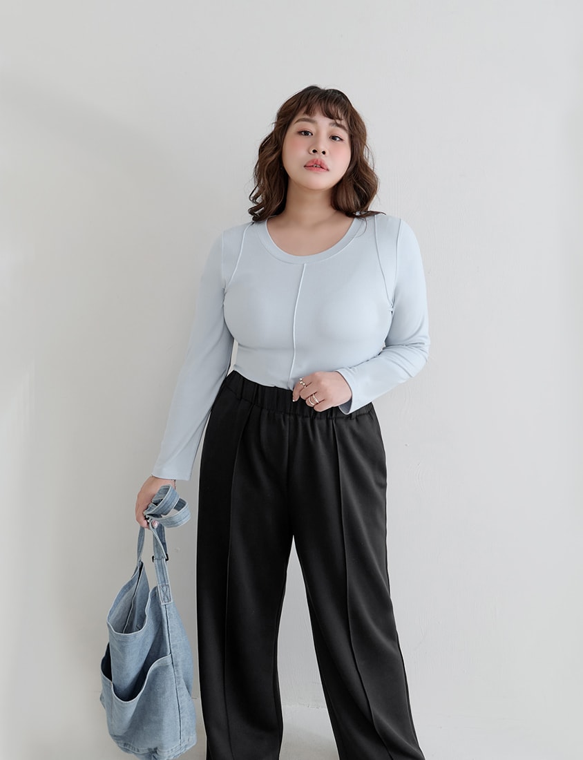 Crewneck 3D Pleated Plus Size Long Sleeve Tee