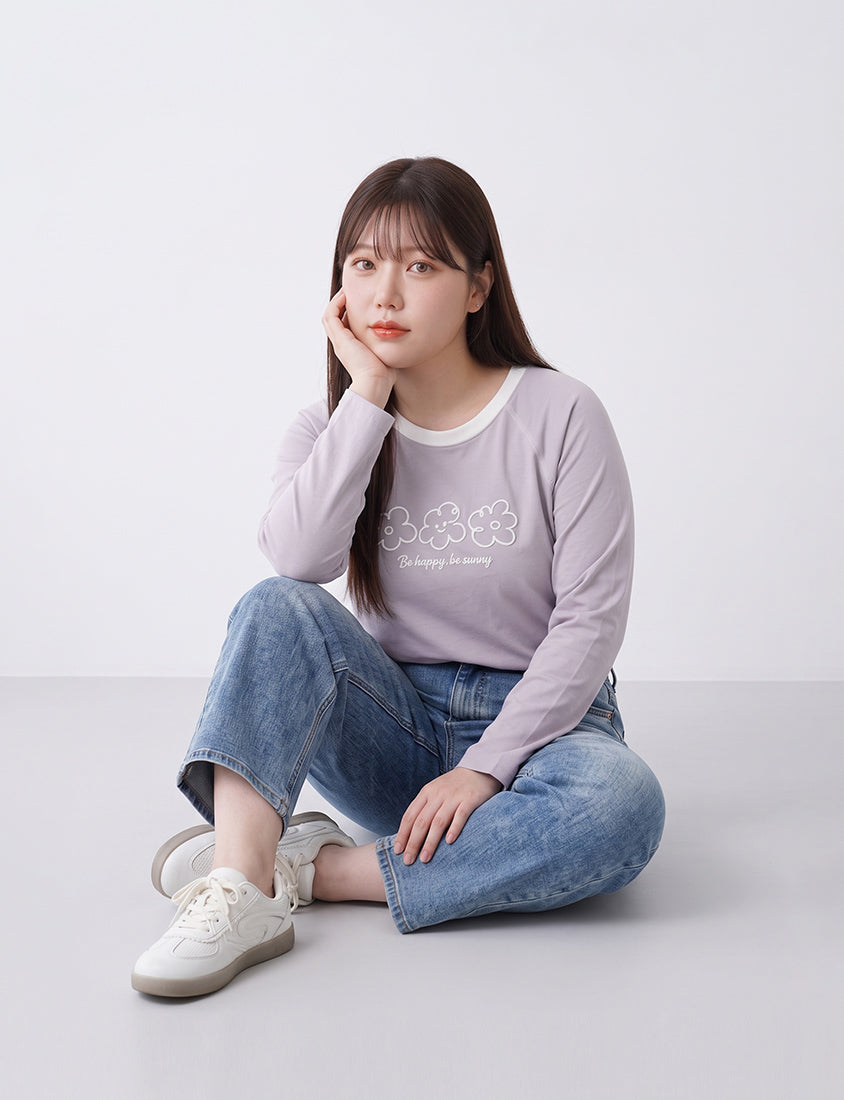 Contrast Floral Puff Print Long-Sleeve Plus Size Tee