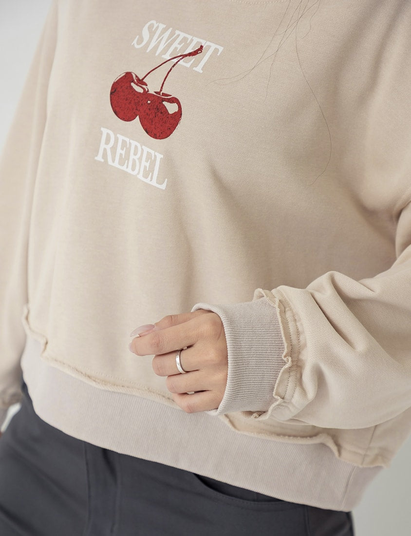 Cute Cherry Raw-Edge Oversized Sweatshirt