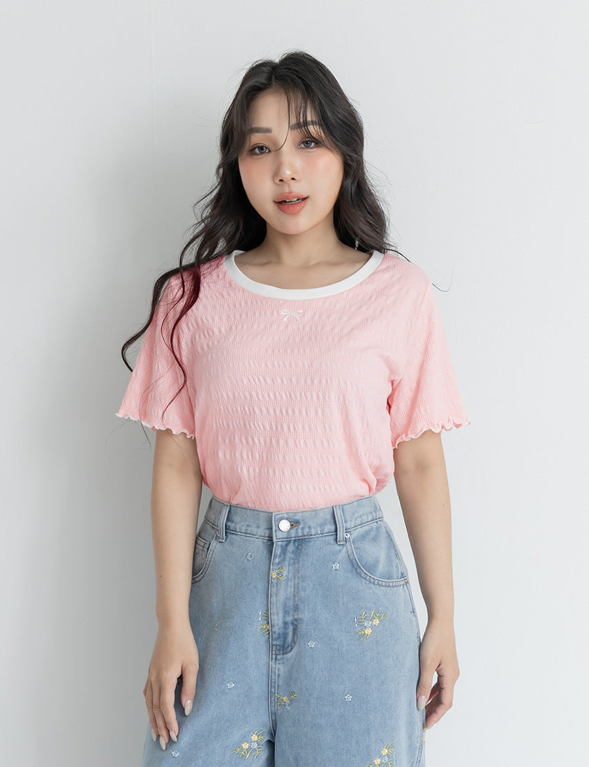 Bow Embroidery Ruffle Crinkle Plus Size Top