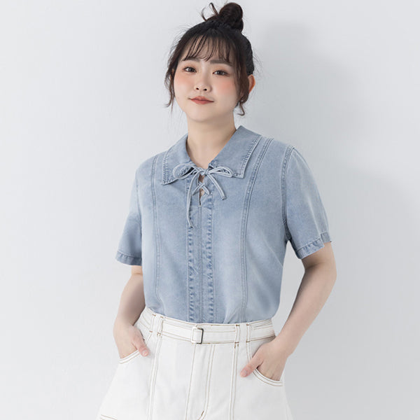 Tencel Silky Denim Tie-Front Collar Plus Size Top
