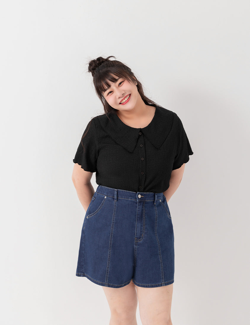Collared Crinkle Faux Button Short Sleeve Top