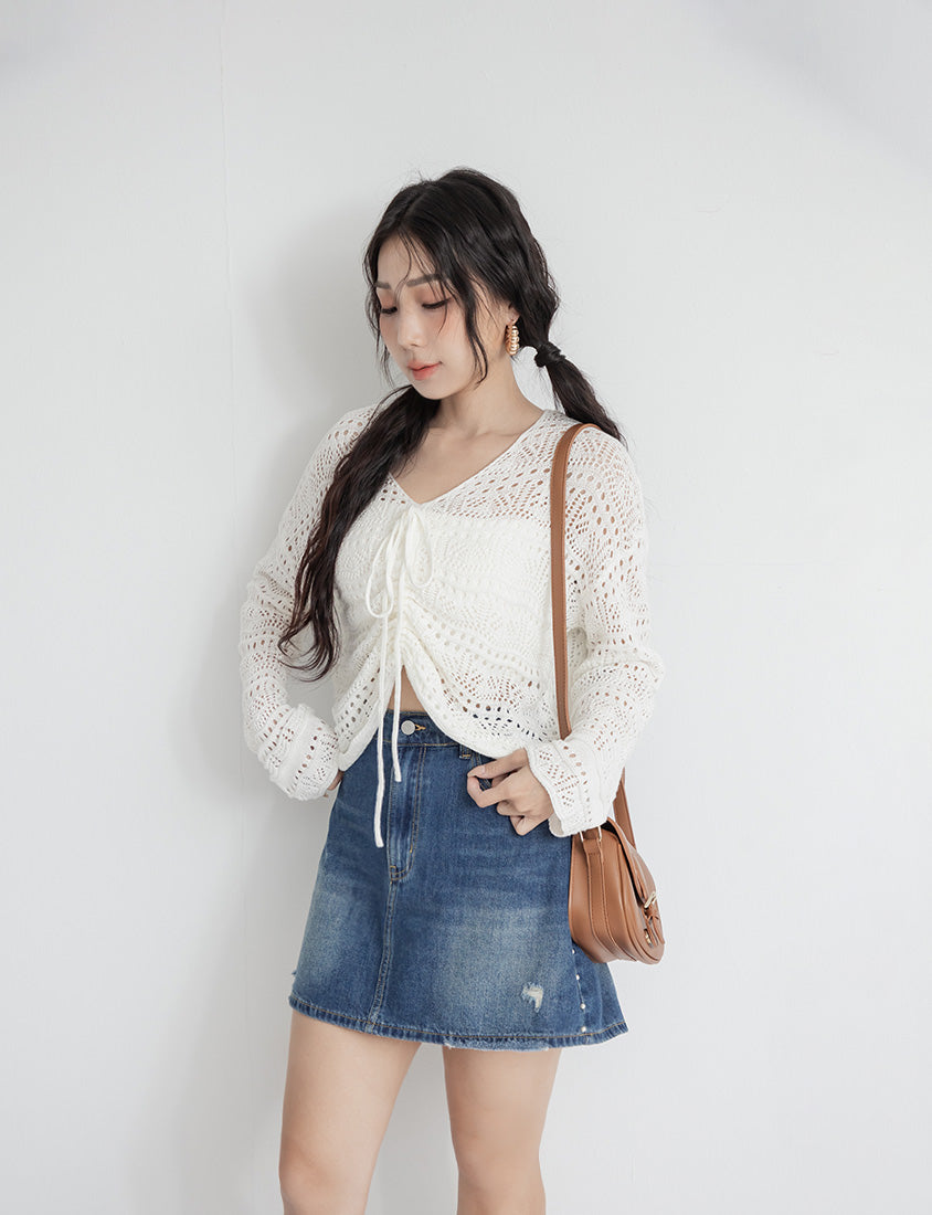 MUA! Lace Openwork Drawstring Knit Plus Size Top