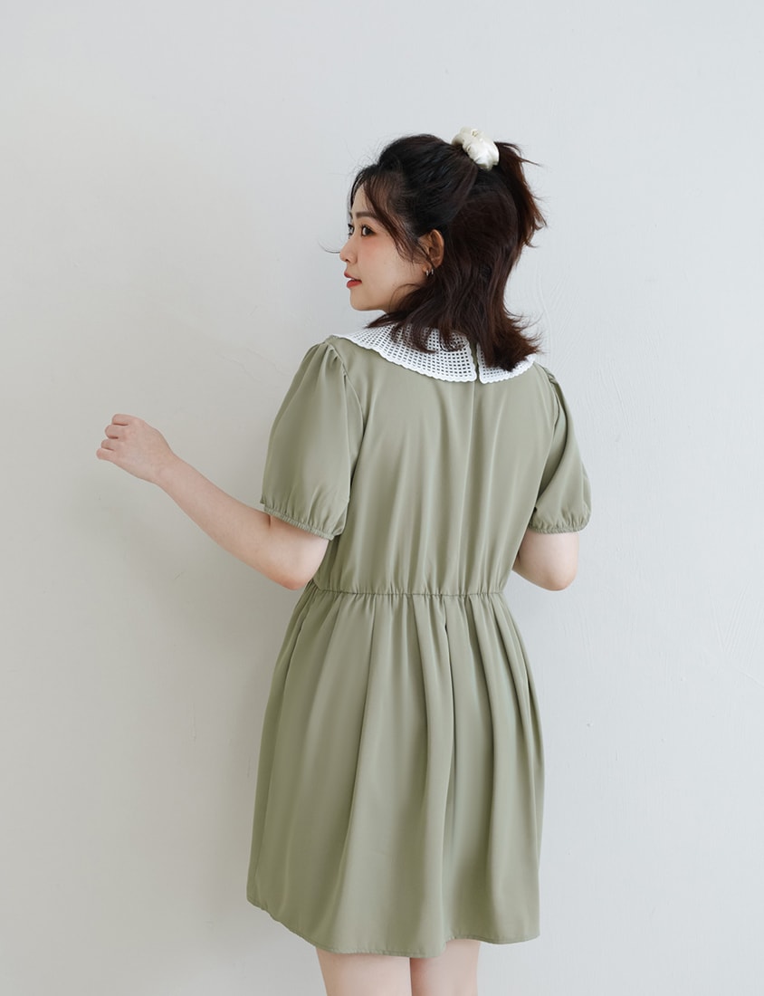 Lace Large-Collar Puff Sleeve Plus Size Mini Dress