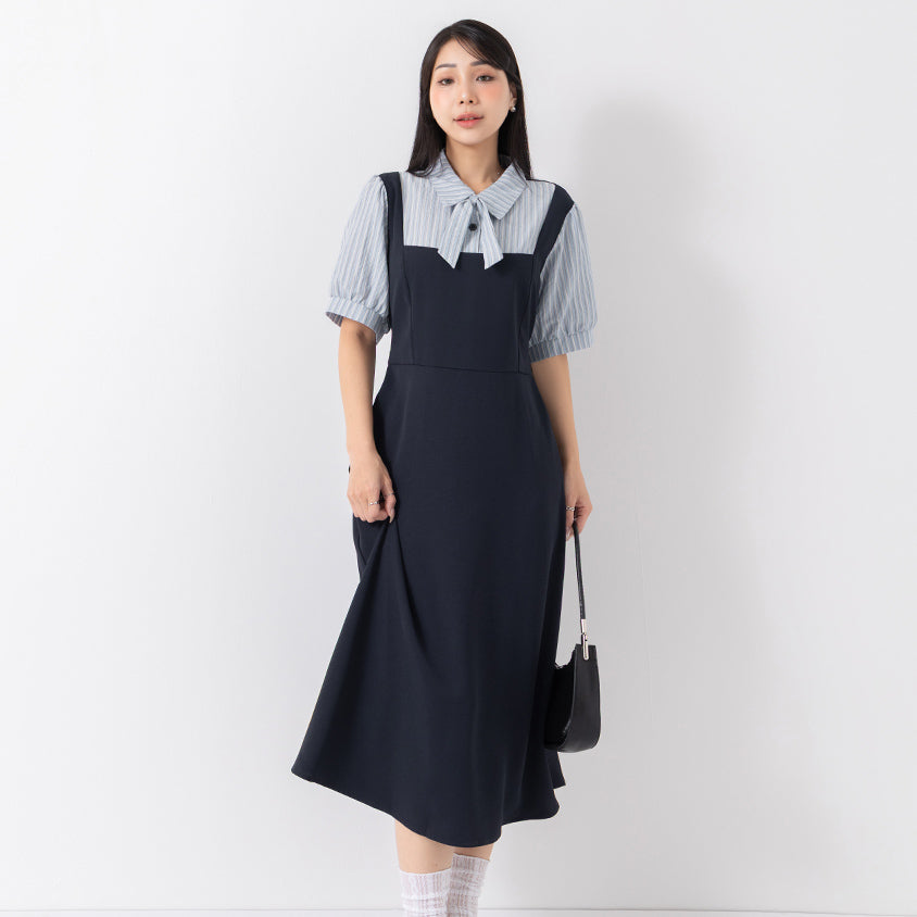 MISS. Elegant Faux Two-Piece Panel Stripe Plus Size Maxi Dress