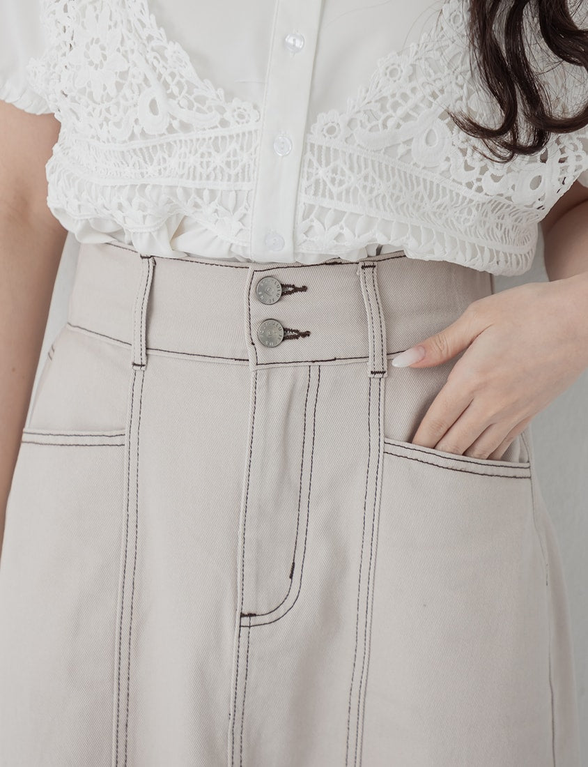 Contrast Stitch Back Slit A-Line Plus Size Maxi Skirt