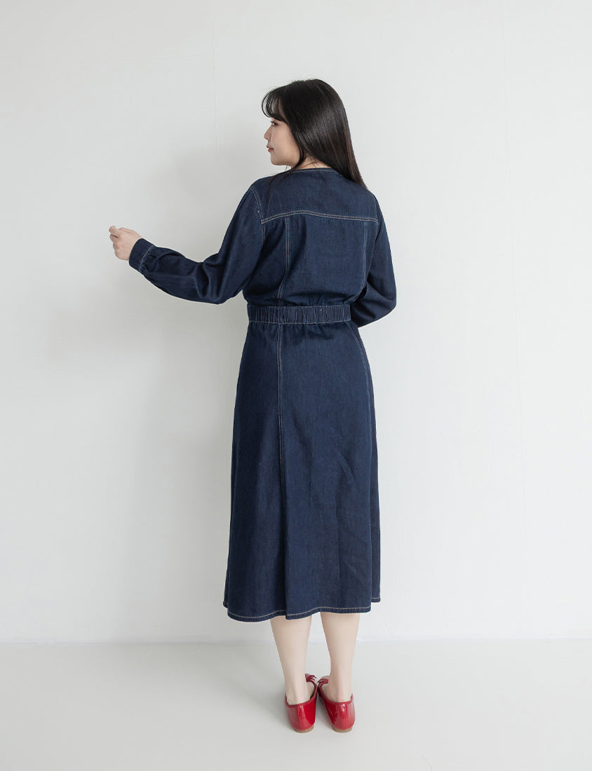 Smock-Waisted Square Neck Faux-Button Denim Plus Size Maxi Dress
