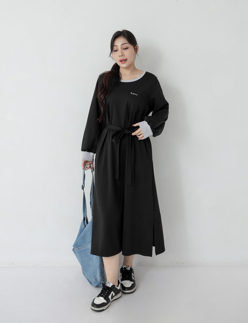 Cute Round Neck Colorblock Embroidered Plus Size Maxi Dress (With Tie)