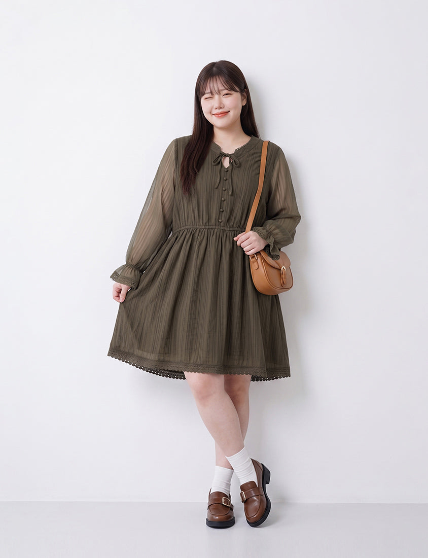Vintage Lace Cinched Waist Plus Size Mini Dress
