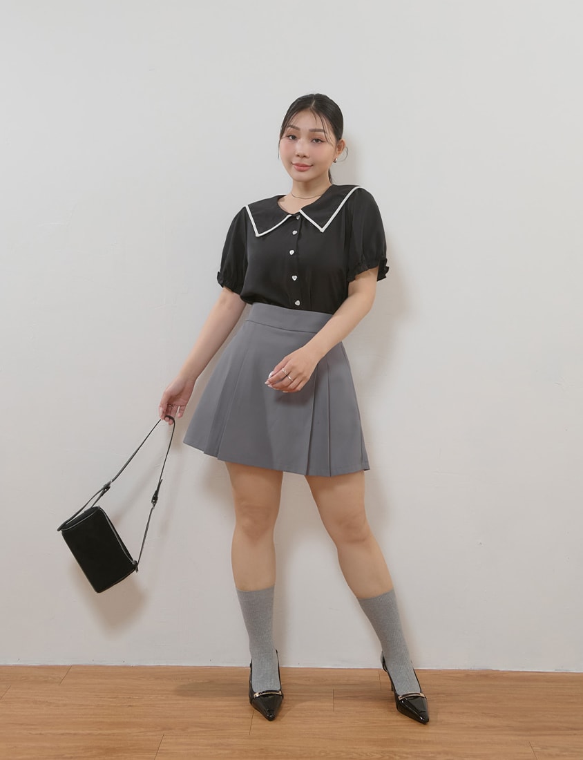MISS. Contrast Doll Collar Heart Button Plus Size Shirt