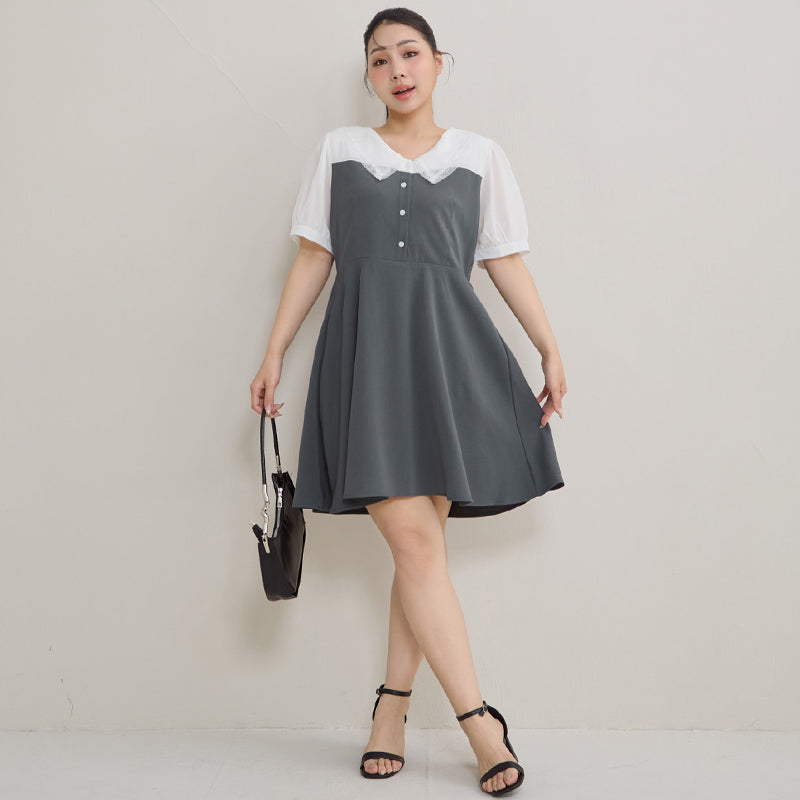Faux Two Piece Lace Collar Plus Size Mini Dress