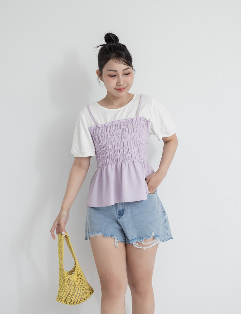 Sweet Crinkle Faux Two-Piece Short Sleeve Plus Size Top